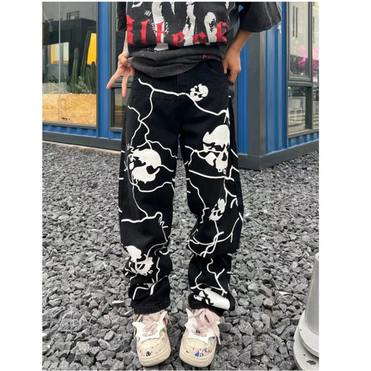 Skull Men High Street Loose Straight Leg Wide-leg Pants