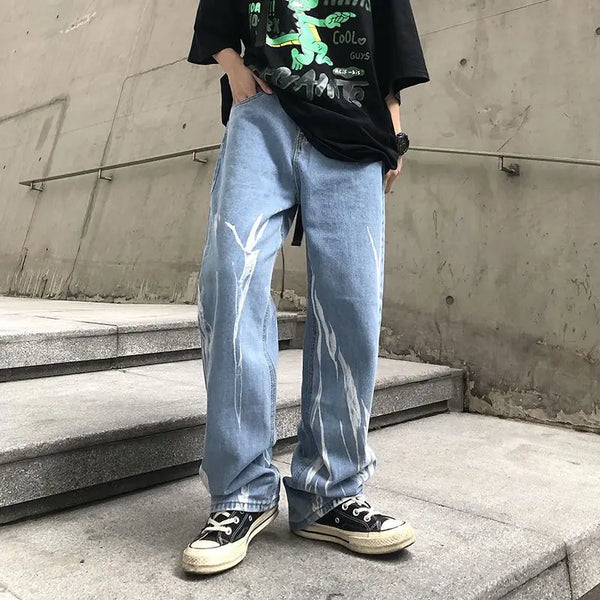 Mens Tie Dye Jeans Wide Leg Gradient Wash Streetwear Dad Fit Denim