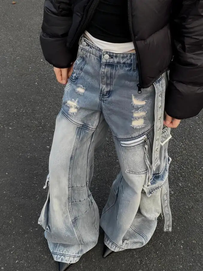 Y2K Grunge High Waist Full-Length Denim Belted Jeans