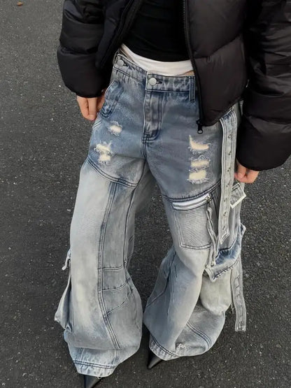 Y2K Grunge High Waist Full-Length Denim Belted Jeans