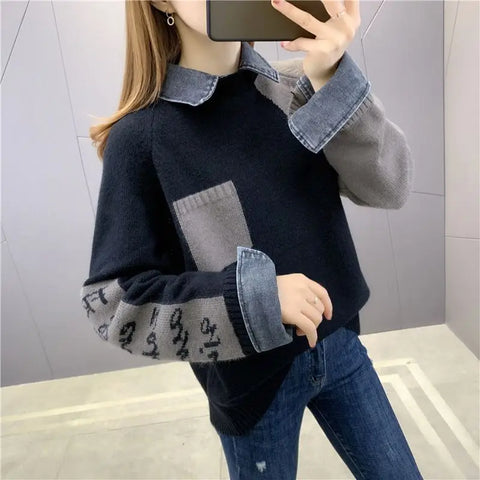 2024 Splicing Fake Two Sweaters Women's