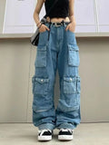 Schicke Vintage-Cargohose mit hoher Taille, trendige Damen-Jeans mit weitem Bein