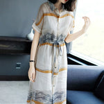 Striped Shirring Bandage Shirt Office Lady Dress 2024 Summer