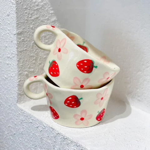 Painted Strawberry Mug Hand-pinch Ceramic Sakura Cup Cute Little Flower Espresso Coffee