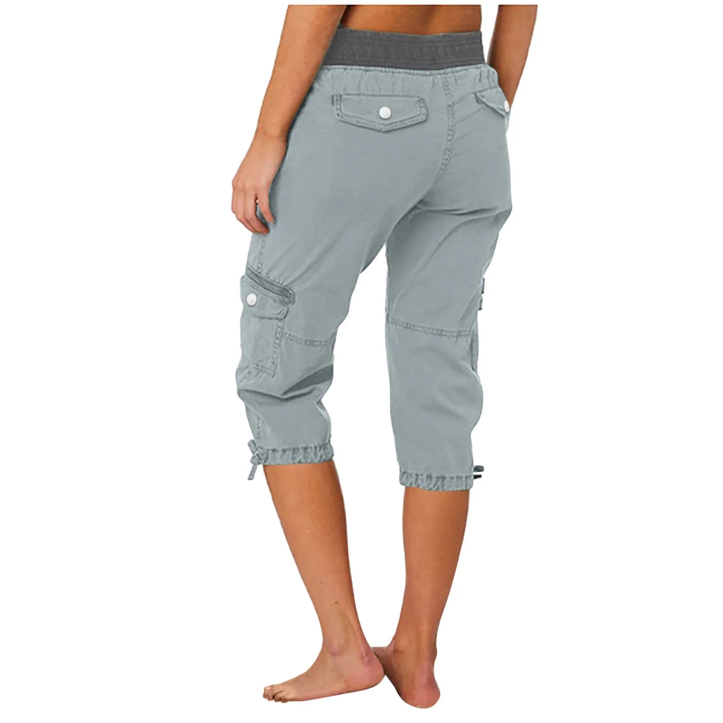 Women Cargo Capris Summer Soild Casual Pants With Pocket Drawstring