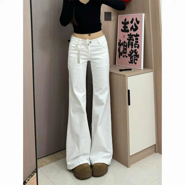 White Micro Flare Jeans Women High Waist Slim Fit Fall Winter