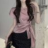 Asymmetric Lace Up Blouse Women Office Short Sleeve Designer Top