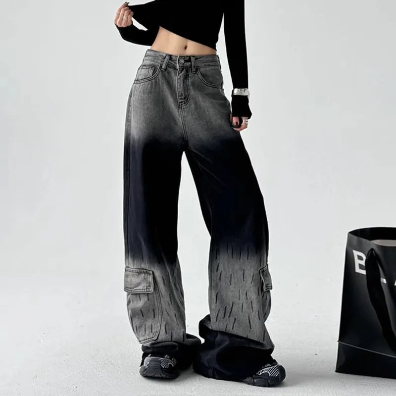 Women's Gradient Gray Wide Leg Jeans High Waisted Straight Cargo Denim