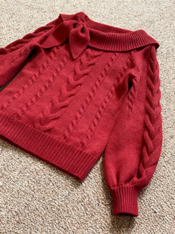 Christmas, Bow, Knitted Sweater, Women, Y2K, Red Pullover