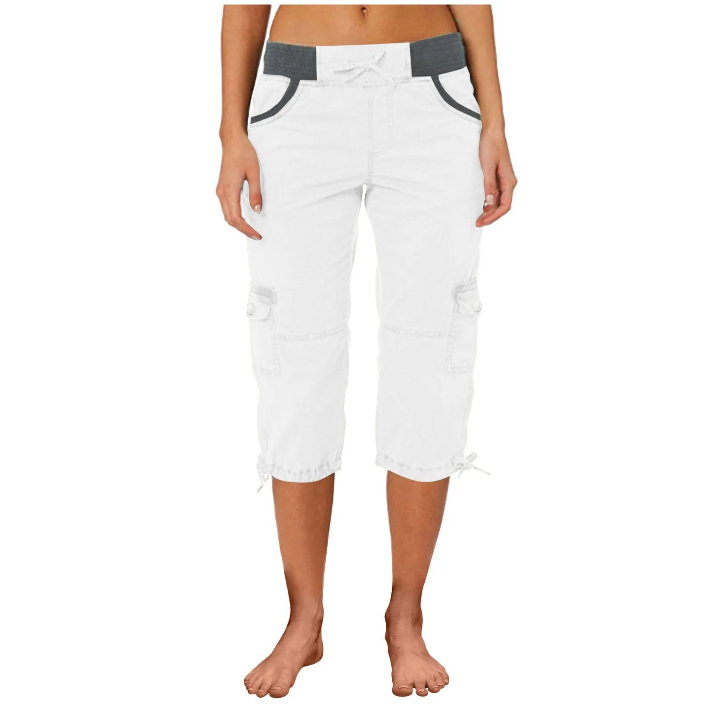 Women Cargo Capris Summer Soild Casual Pants With Pocket Drawstring