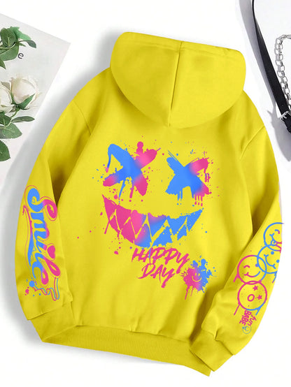 Happy Day Graffiti Women Hoodie Vintage Oversized