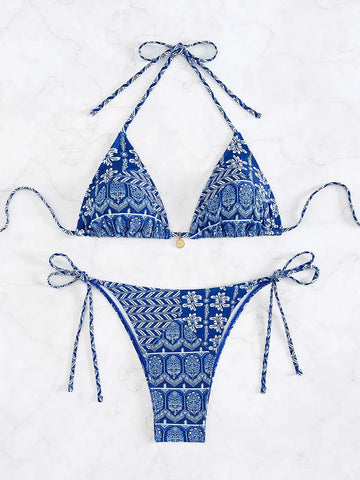 2024 Boho Flower Bikini Set Women'S Floral Print Blue Patterned Bathers Bohemian