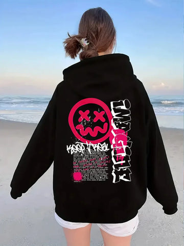 Y2K Funny Face Print Women Fleece Hoodie Winter Fashion