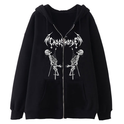 Jackets Women Y2K Zip Up Skeleton Hoodie Streetwear