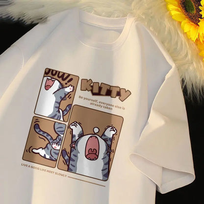 Kitty Comic Strip T-Shirt Men Cute Graphic Casual Streetwear