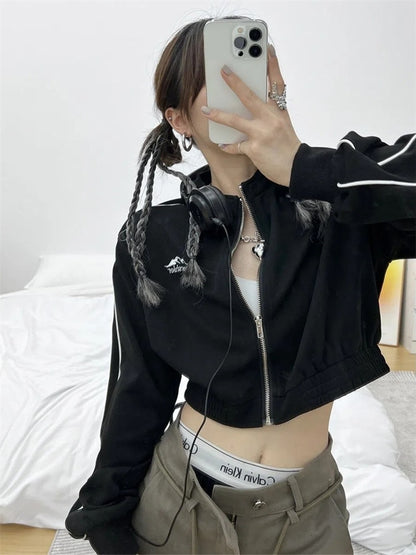 Hoodie Frauen Vintage Koreanische Mode Gestreifte Schwarze Jacken Weibliche Kpop