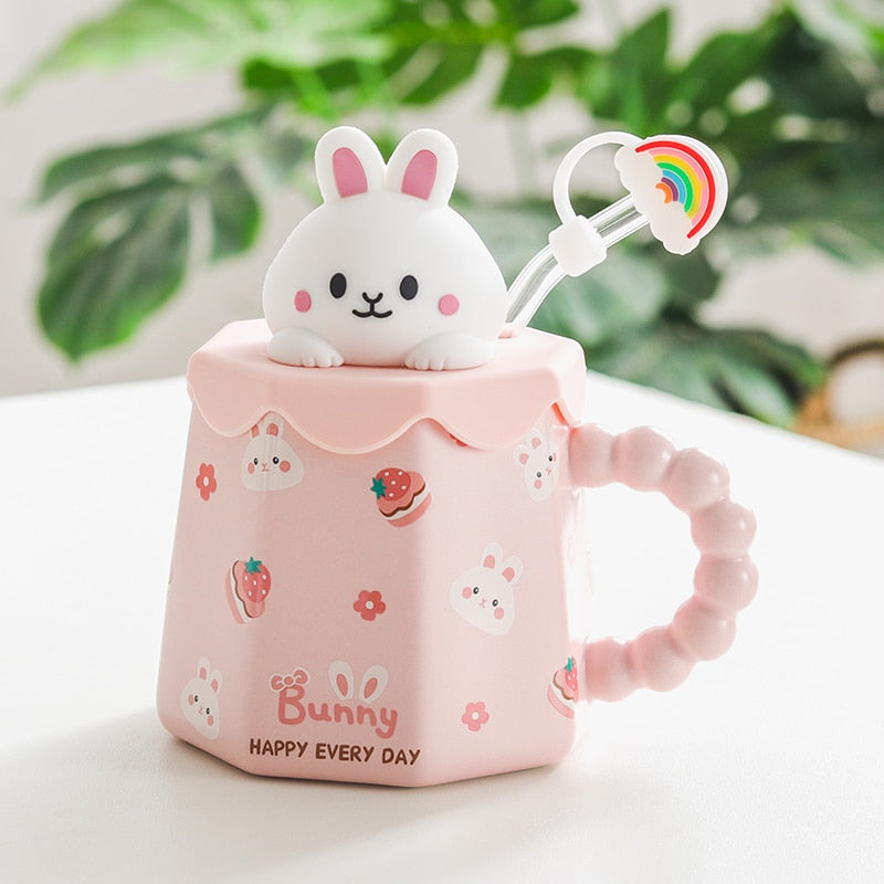 Cartoon Ceramic Mug With Lid and Spoon Creative