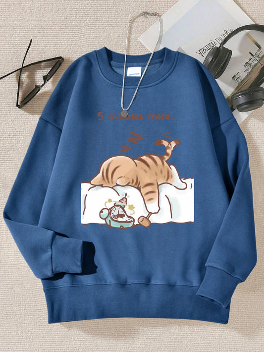 Cat Print Hooded Sweatshirt Women Casual Warm Autumn Pullover