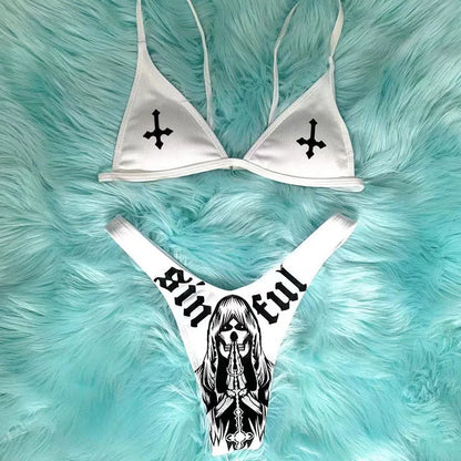 Y2K Goth Bikini Set - Sommerurlaubs-Badeanzug mit Totenkopf-Print