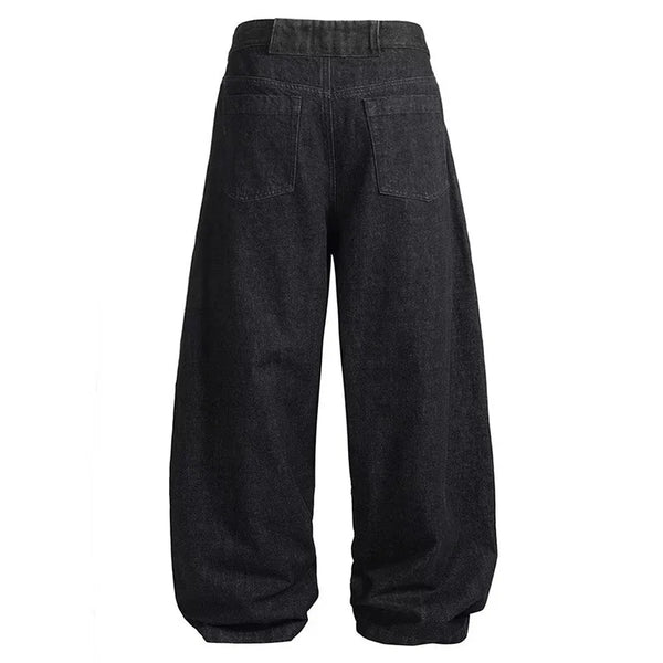 Mens Retro Curved Leg Jeans Wide Fit Black Denim Pants Streetwear