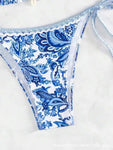 Rückenfreier Sportbikini mit blauem und weißem Print