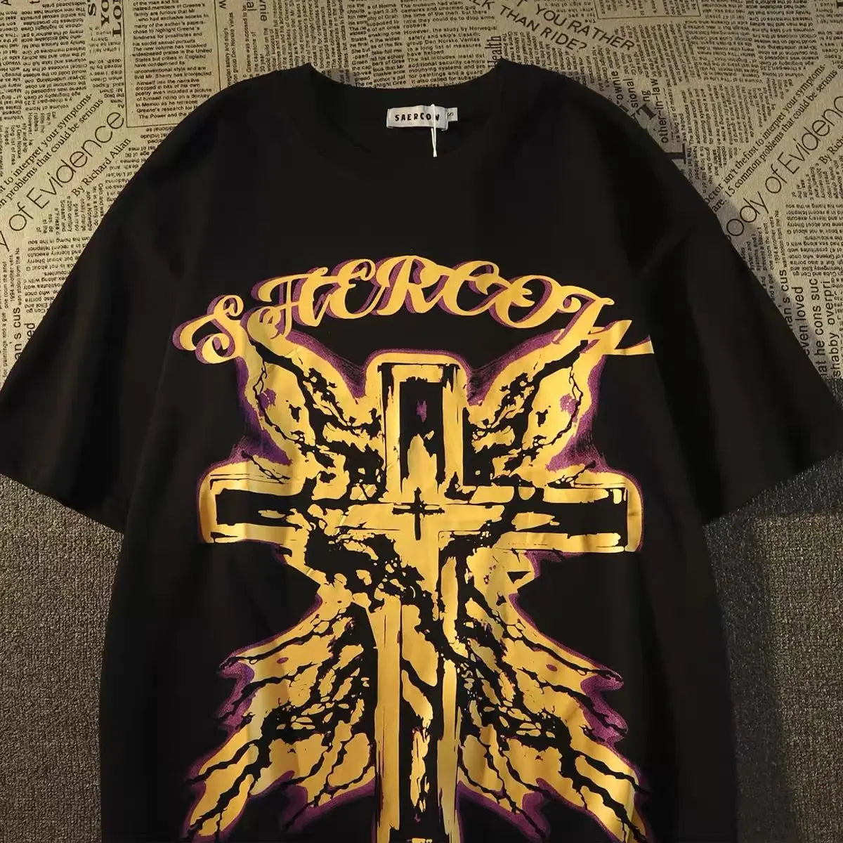 Abstract Cross and Wings T-Shirt Men Religious Graphic Streetwear