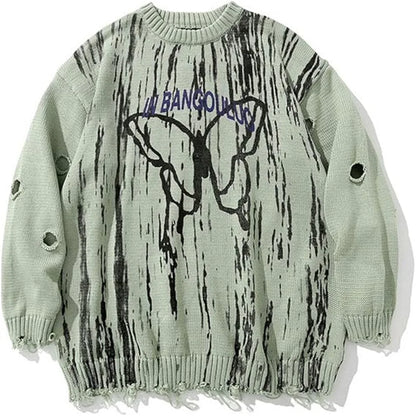 American Street Trend Cartoon Butterfly Jacquard Knitted Round Neck Sweater