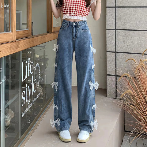 Süß und Kawaii: Y2k High Waist Denim-Hosen mit Spitze und Schleife – Neue koreanische Mode