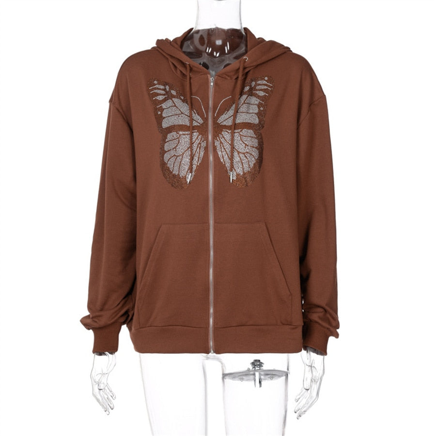 Women's Fashion Zip Up Hoodies Long Sleeve Y2K Butterfly Graphic Plain Cardigan