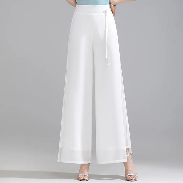 Women's Double Layer Chiffon Pants Elastic Waist Slim Chic