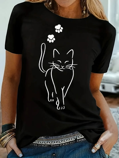 Cat Print T-shirt Short Sleeve Crew Neck Casual Women's Clothing