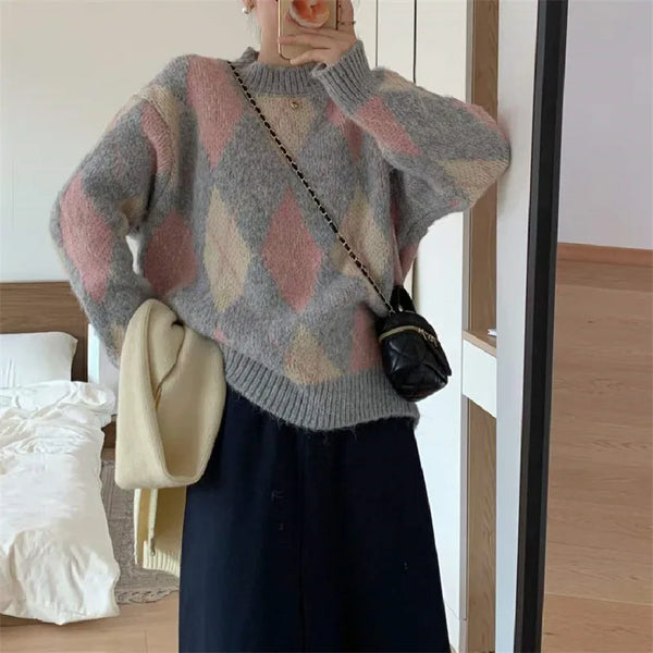 Womens Plaid Knit Cardigan Sweater Contrast Color Retro Warm Winter