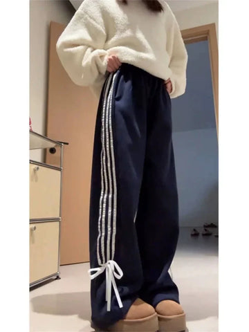 Y2K Fleece Sweatpants Bow Women Korean Style Winter