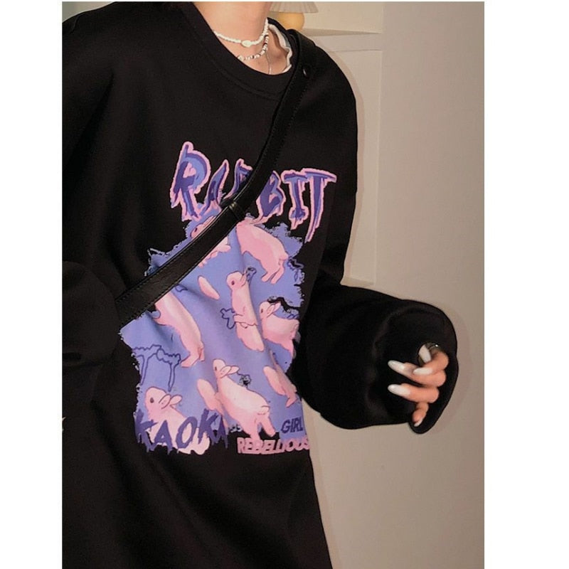 Women Clothing Vintage Rabbit Letter Printing Long Sleeves Casual Oversize