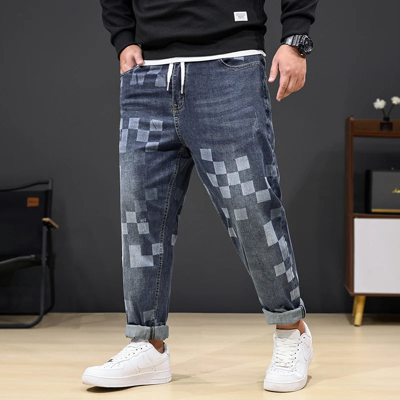 8XL Mosaic Print Oversized Jeans Men’s Loose Denim