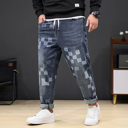 8XL Mosaic Print Oversized Jeans Men’s Loose Denim