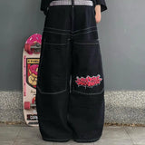 Japanese Graffiti Print Wide-Leg Jeans Women Oversized Spliced Denim Casual
