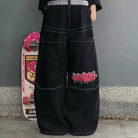 Japanese Graffiti Print Wide-Leg Jeans Women