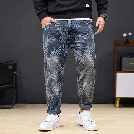 8XL Men’s Plus Size Denim Jeans with Leaf Print Stretch Loose Fit