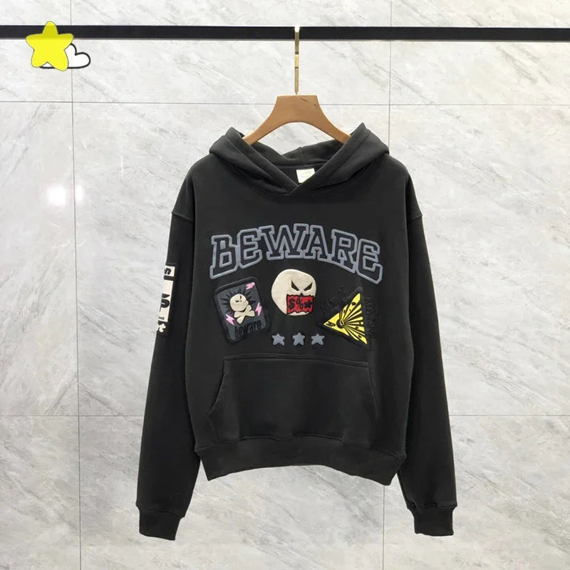 Men's Casual Foam Letters Graphic Hoodie High Quality Cotton Black Pullover