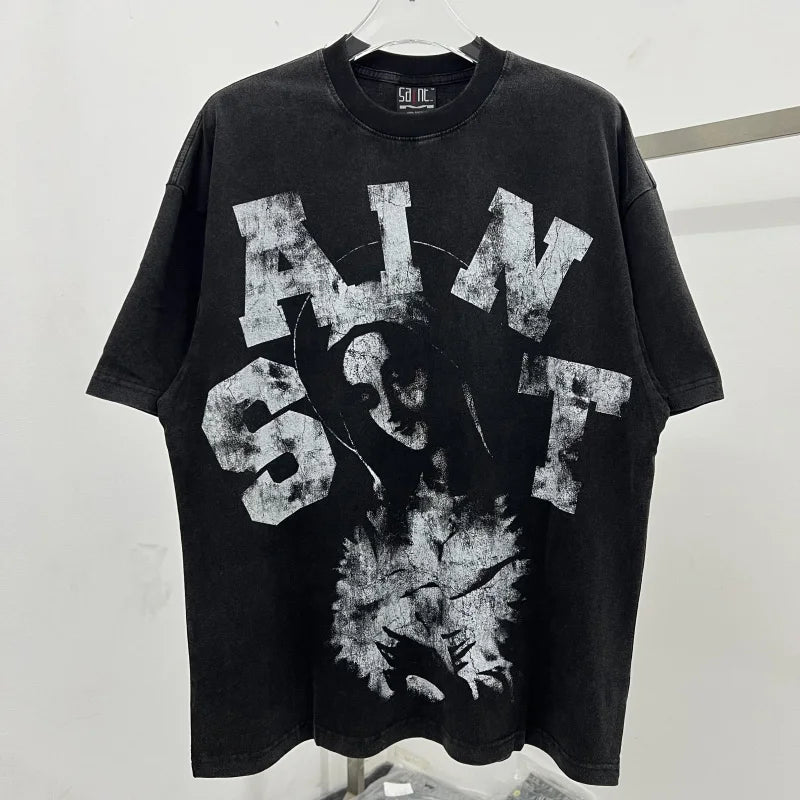 Oversized Saint T-Shirt Men Women Vintage Letter Print Streetwear