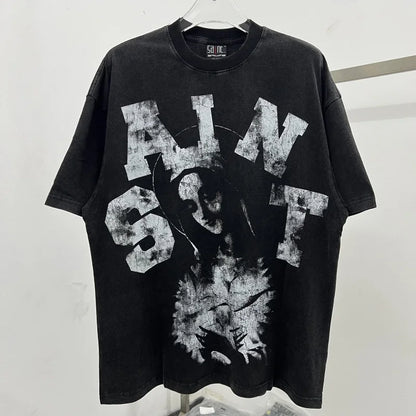 Oversized Saint T-Shirt Men Women Vintage Letter Print Streetwear