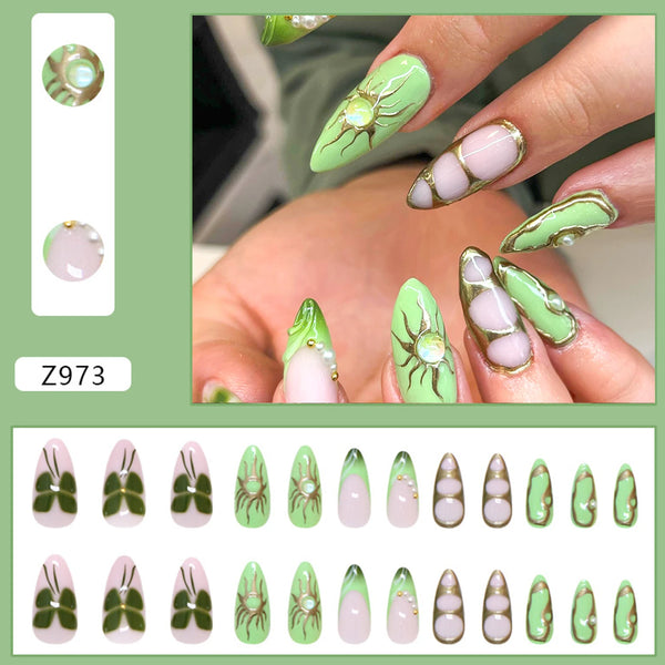 24pcs White Flower Fake Nail Tips Ins Yellow Pink Blush False Nails