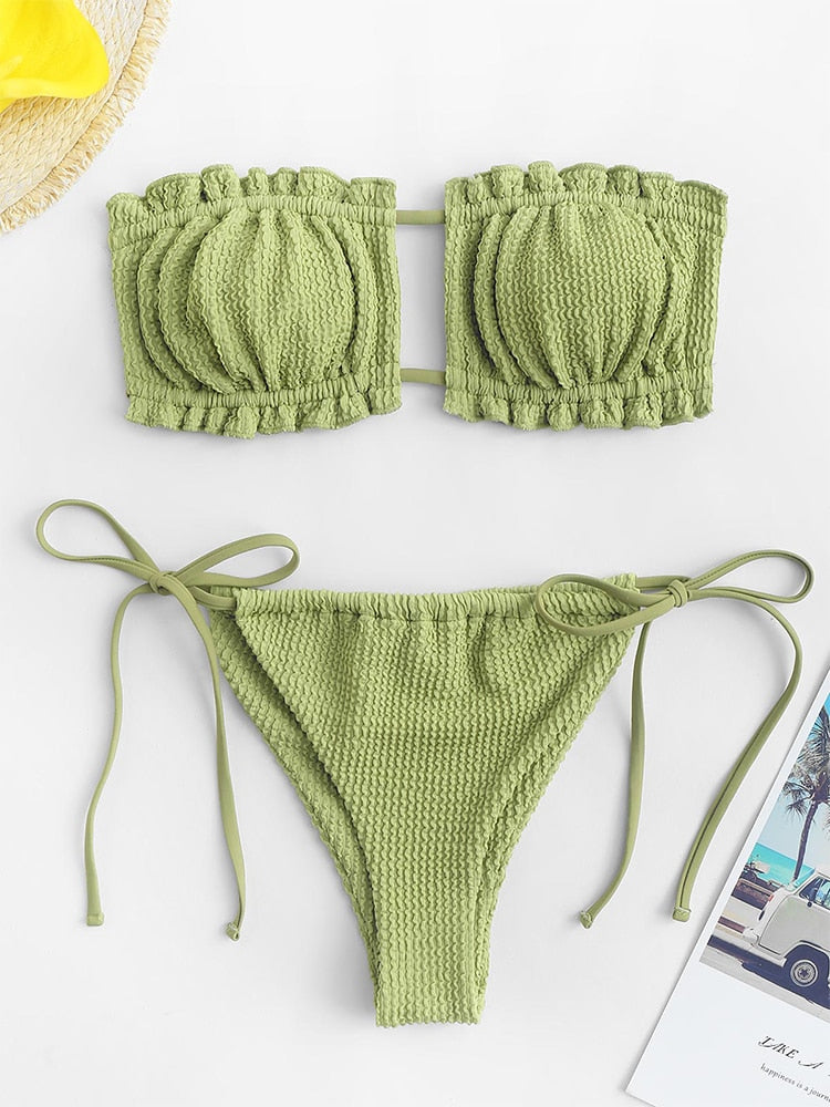 Bikini Swimwear Two Piece Strapless Solid Cut Out Low Waisted Sexy Bathing