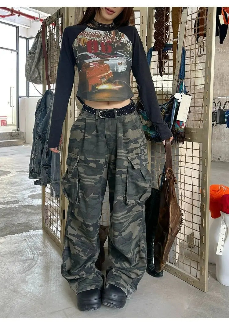 Y2K Camouflage Wide Leg Jeans with Pockets for Women