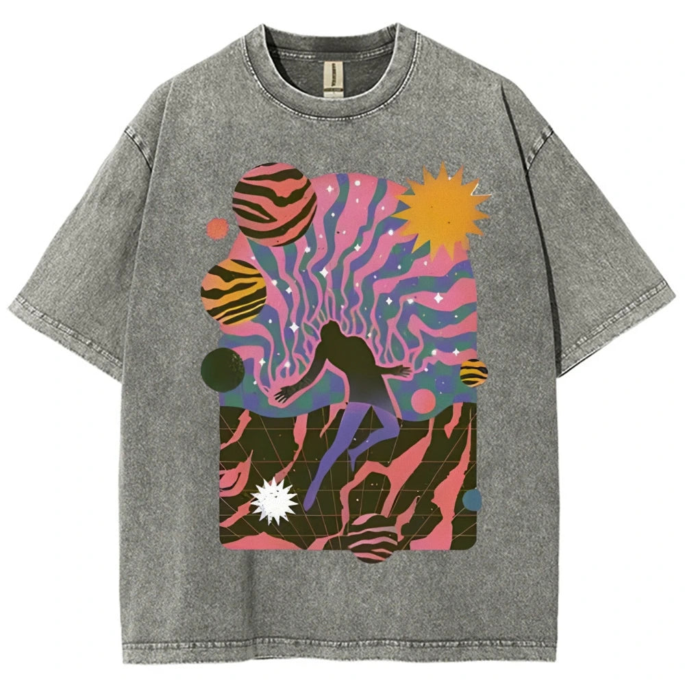 High-Quality Cartoon Abstract Print Men's T-shirt Water Wash Vintage Casual