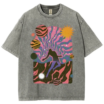 High-Quality Cartoon Abstract Print Men's T-shirt Water Wash Vintage Casual