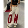 Women Y2K Baggy Jeans White Letter Print Oversized Hip Hop Denim