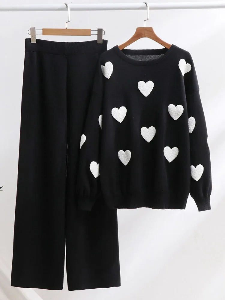 Heart Sweater Pants Set Women Winter Knitted Suit