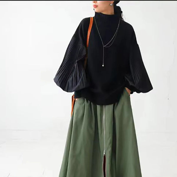 Turtleneck Sweater Women Lantern Sleeve Patchwork Pullover